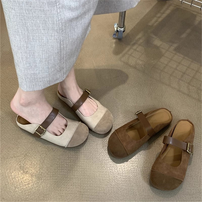 皮带扣包头半拖鞋女平底一脚蹬女