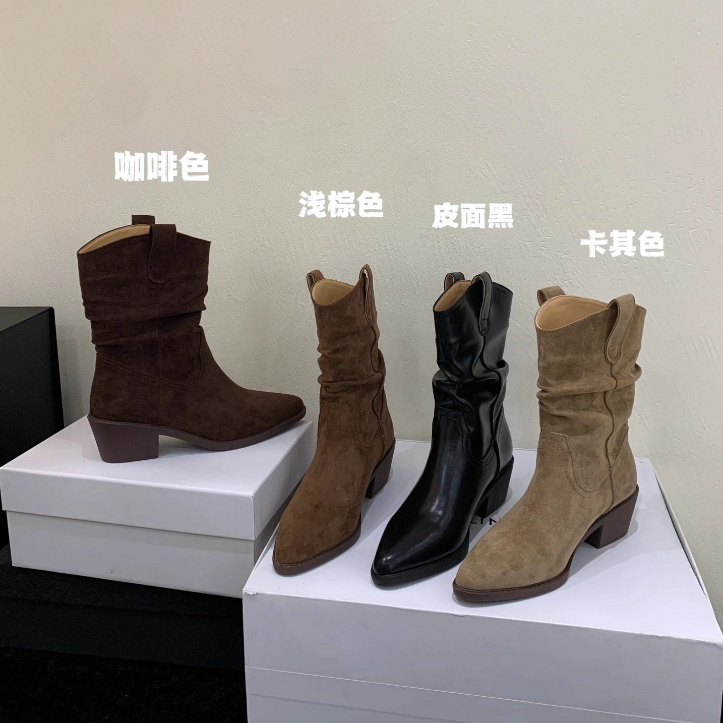 高跟复古西部牛仔靴V口马丁靴女鞋2025春秋单靴棕色尖头小短靴子,女鞋,时装靴,淘宝优惠券,粉丝福利购,淘宝优惠卷