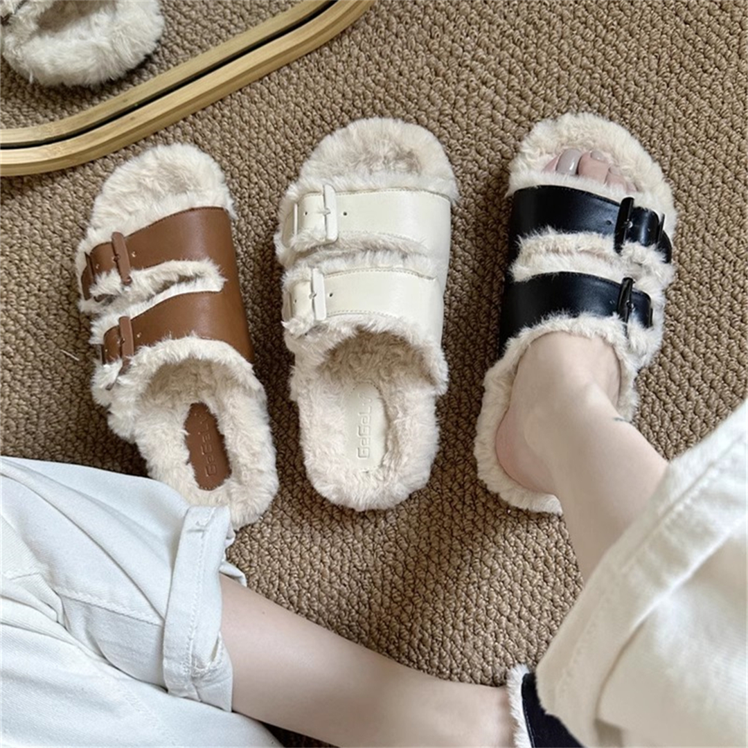 毛毛拖鞋女软平底加绒棉拖一脚蹬