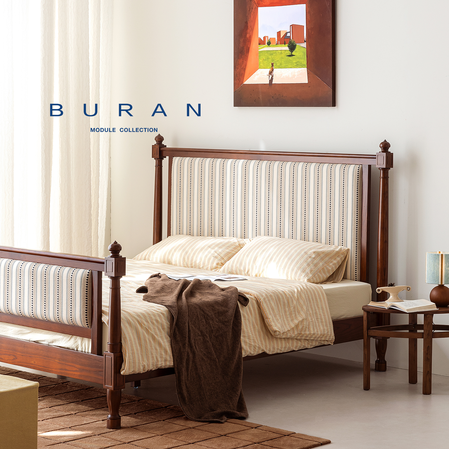 布染中古风白蜡木实木1.8M双人床