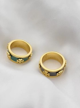 青岛饰品时尚简约欧美风彩色珐琅釉镀金镶嵌金色方标T戒指指环女