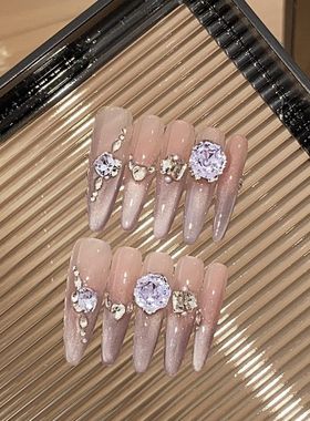 【云纱黎雾】  轻奢感渐变紫色斜边碎钻猫眼紫色K9穿戴甲芊指媚