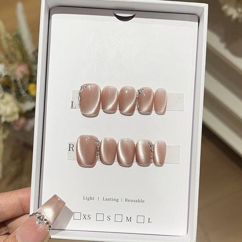 美甲【原创实拍】穿戴甲短款玻璃珠追光猫眼玻璃珠猫眼芊指媚