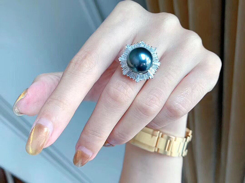 海水贝宝珠无暇k金工艺精工纯银满镶锆石雪花造型厚版戒指奢华