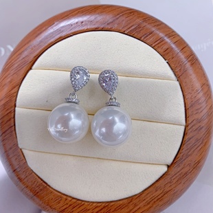 母贝仿珍珠澳白色正圆强光16mm超大满镶锆石耳环耳坠精致奢华礼物