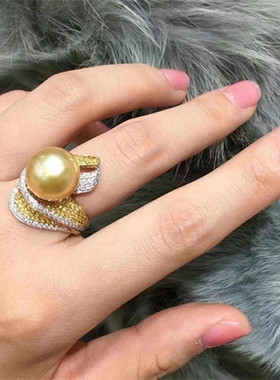 母贝茶金色珍珠纯银满镶锆石戒指