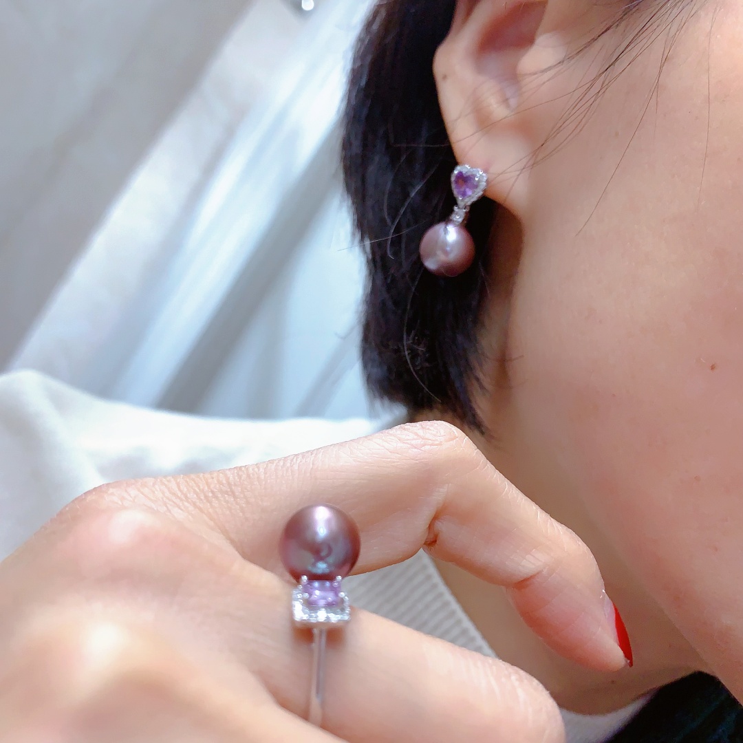 爱迪生浓紫耳钉戒指套装