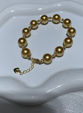 南洋母贝仿珍珠10mm正圆强光茶金色注金小金球间隔手链时尚经典女