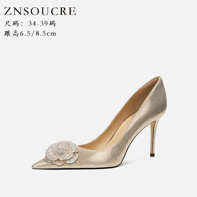 羊皮2026年山茶花水钻高跟鞋女新款婚鞋尖头气质名媛法式细跟单鞋,女鞋,婚鞋,淘宝优惠券,粉丝福利购,淘宝优惠卷