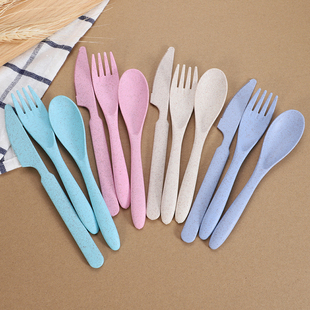 小麦秸秆餐具刀叉勺筷套装蛋糕甜品刀儿童安全不伤手学校调羹汤匙