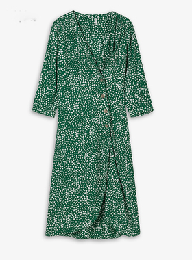 【MK】秋装 法式复古V领绿色波点连衣裙一片式收腰中长