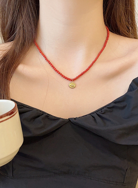 正红色小眼睛串珠项链叠戴显白显瘦小众设计高级感颈链2024新款