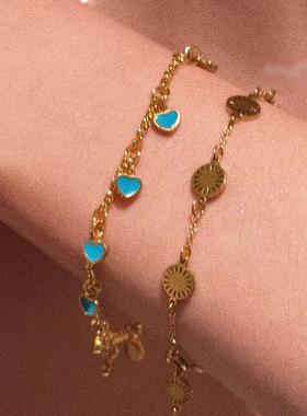 珐琅彩滴釉工艺爱心蓝绿色手链