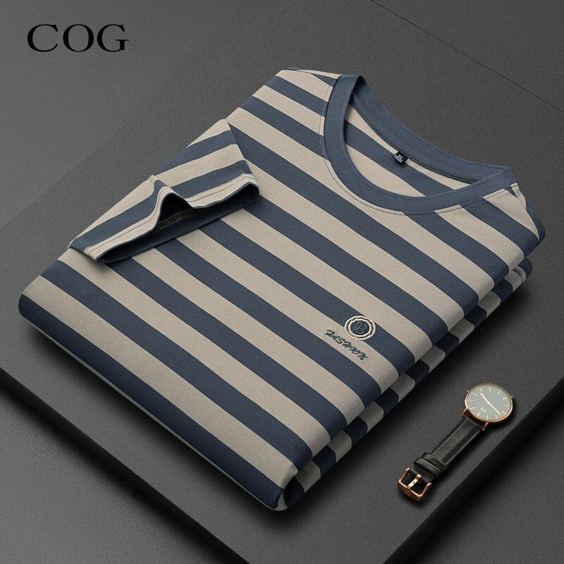 桑蚕丝短袖男t恤2026夏季新款高端中年体恤冰丝条纹圆领半袖上衣