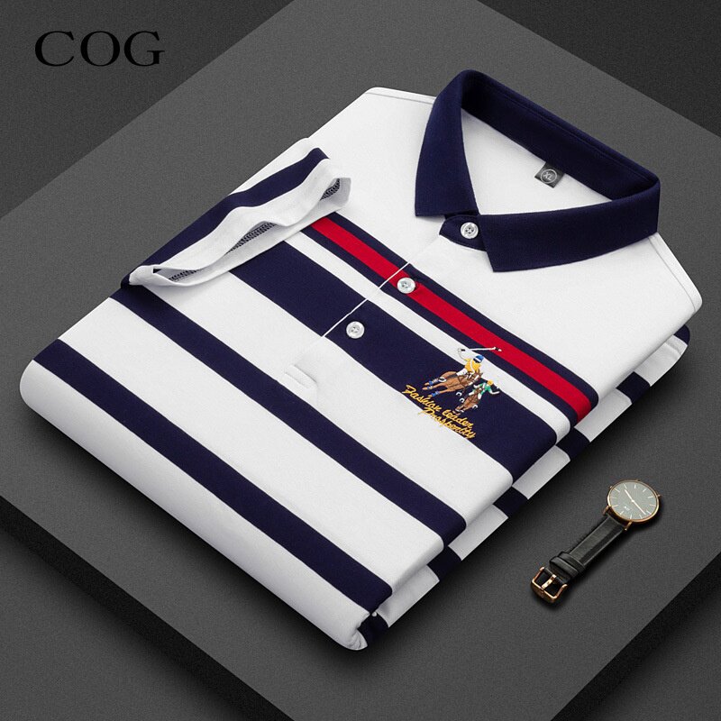 纯棉短袖t恤男士2026年夏季新款中年商务条纹翻领套头绣花POLO衫