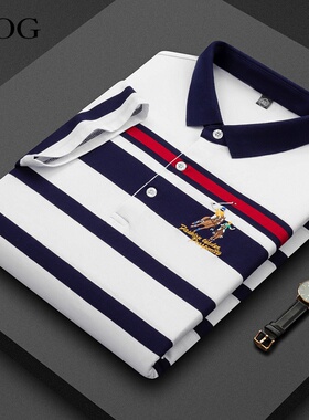 纯棉短袖t恤男士2026年夏季新款中年商务条纹翻领套头绣花POLO衫