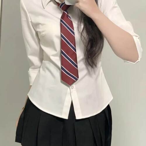 JK制服辣妹收腰长袖衬衫学院风修身绑带衬衣学生百搭白色上衣女