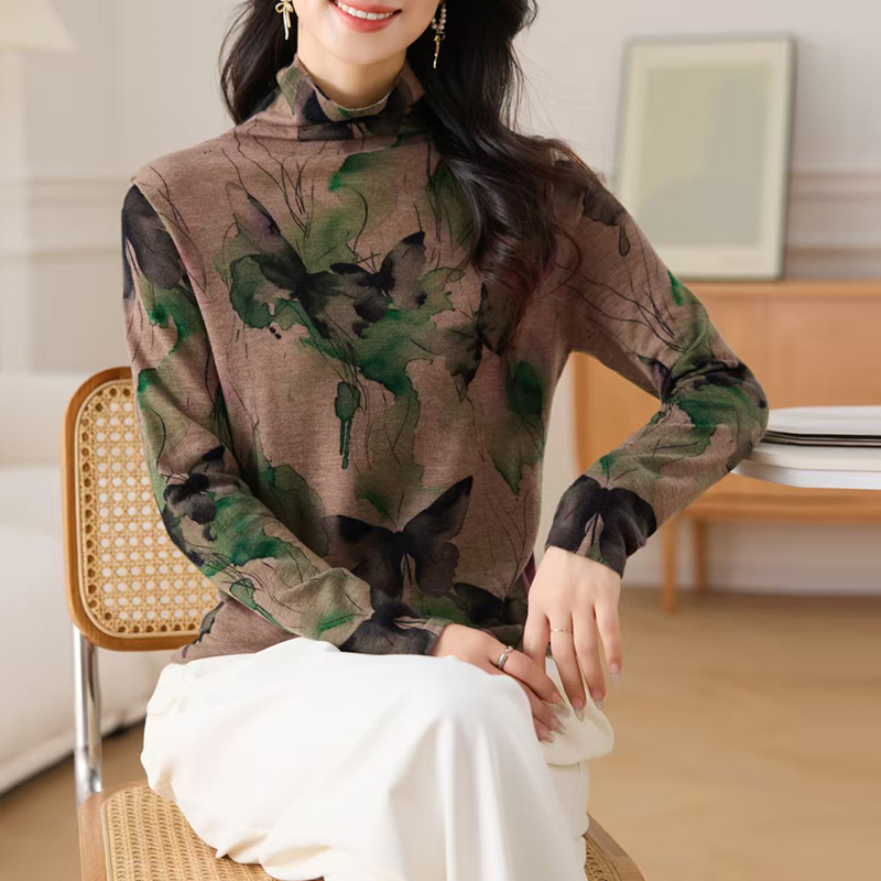 羊毛衫女印花堆堆领毛衣针织打底