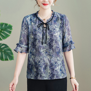 杭州真絲桑蠶絲碎花T恤女寬松洋氣印花上衣時尚 小衫 中老年媽媽裝