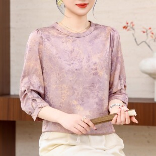 重磅真丝七分袖上衣女香云纱印花半袖T恤洋气妈妈宽松桑蚕丝小衫