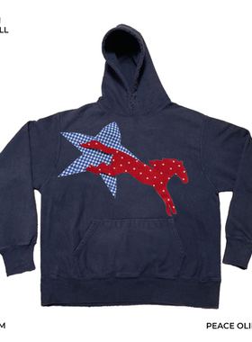 厚重感！亚文化版型！红色小马贴布手工原创remake重工连帽卫衣