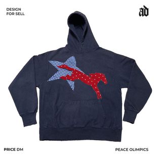 厚重感！亚文化版型！红色小马贴布手工原创remake重工连帽卫衣