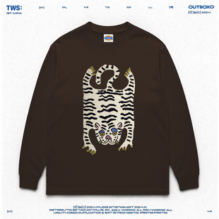 Mottled斑驳！美式复古卡通画像趣味白老虎重磅棉上衣落肩长袖T恤