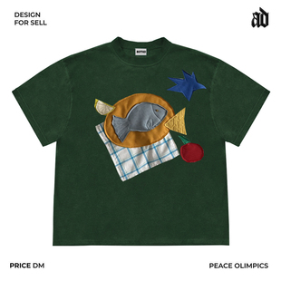 斑驳设计师工作室！美式复古风创意小鱼贴布高街亚文化短袖T恤