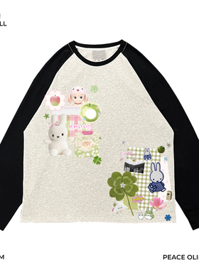 斑驳设计师工作室！米菲兔四叶草宽松软萌上衣少女心插肩长袖T恤