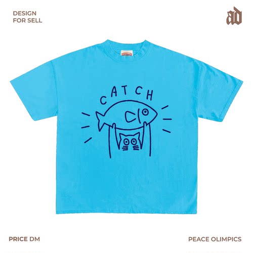 230G 轻薄正肩款 猫咪抓鱼趣味插画圆领T恤可爱活力百搭夏日精选