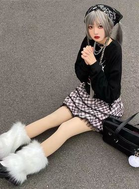 Y2K亚文化辣妹小腿皮草毛毛袜套秋冬甜美少女仿狐狸毛腿套靴套女