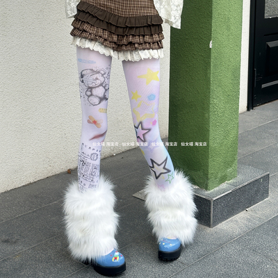 Y2K亚文化甜酷星星熊印花连裤袜