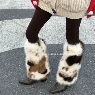 Y2K辣妹秋冬保暖加绒三花猫花纹毛毛腿套女内里加绒毛绒堆堆袜套