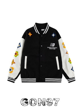 GON97国潮菱形毛巾绣字母棒球服男女秋季新款宽松休闲夹克外套ins