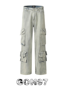 GON97 美式复古做旧水洗多口袋工装牛仔裤男女宽松直筒裤休闲长裤