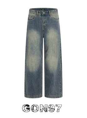 GON97 美式复古水洗做旧蓝色直筒牛仔裤男女宽松阔腿休闲百搭长裤