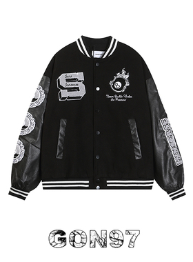 GON97美式高街黑8刺绣棒球服男女国潮牌嘻哈宽松PU皮拼接夹克外套