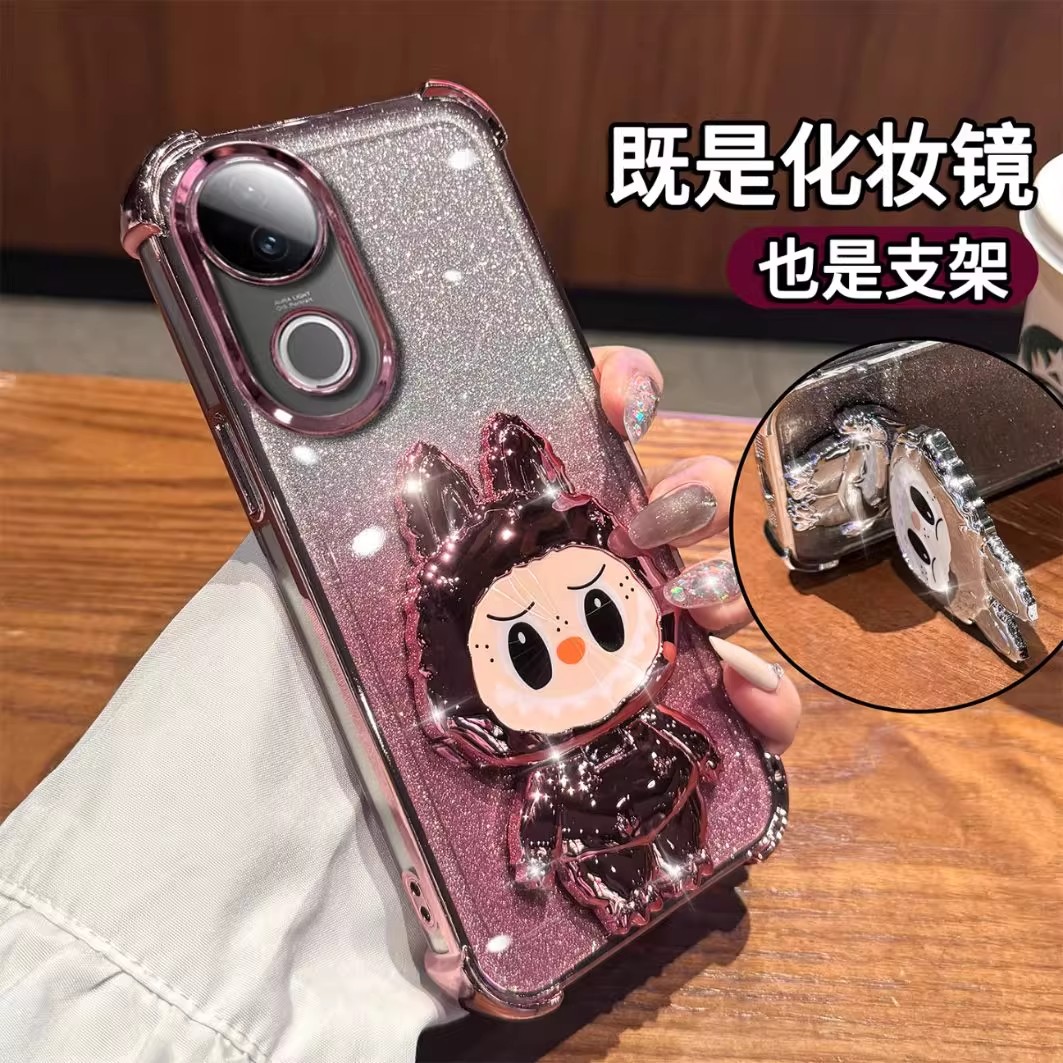 拉布布支架适用vivos20手机壳新款s19pro透明硅胶s18保护套vivo可爱女生s17全包防摔s20pro带补妆镜子软外壳