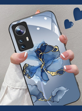 大理石蓝色花适用小米13手机壳12pro个性11新款12女红米K60钢化玻璃K50防摔K40s高级感全包K50电竞硅胶保护套