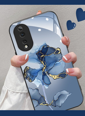 大理石蓝色花适用华为荣耀80手机壳荣耀70新款60女50创意magic5钢化玻璃80pro防摔镜头全包x50i硅胶x40保护套