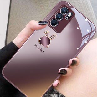 梅子色兔子适用opporeno6pro手机壳新款Reno6玻璃reno5pro女防摔reno6pro+保护套reno5金属漆reno4se高级个性