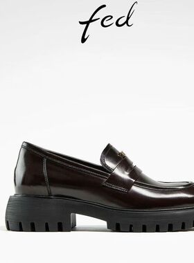 FED粗跟乐福鞋春季新款女鞋酒红色制服鞋真皮单鞋女D0122-ZCA253