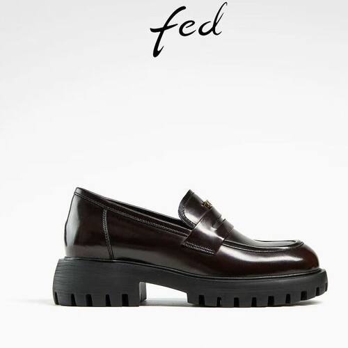 FED粗跟乐福鞋春季新款女鞋酒红色制服鞋真皮单鞋女D0122-ZCA253