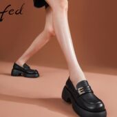 FED头层牛皮女鞋 通勤百搭乐福鞋 秋2025新款 英伦松糕厚底粗跟单鞋
