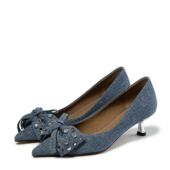 鞋 FED羊皮里垫2025秋季 女 尖头浅口细中跟单鞋 女丹宁时装 新款 女鞋