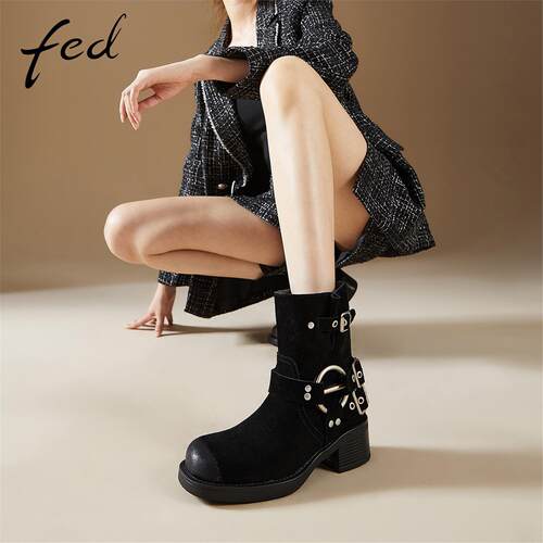 fed牛皮靴女鞋秋冬舒适粗