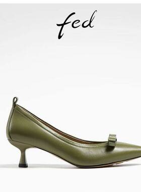 FED绿色高跟鞋春季新款女鞋蝴蝶结真皮鞋浅口单鞋女D0316-ZCA216