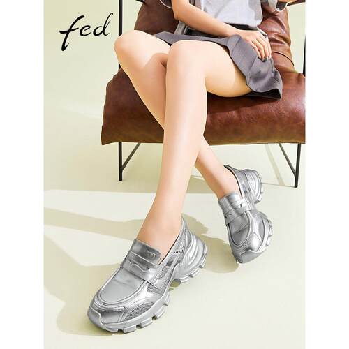 fed头层牛皮春季新款真皮女鞋松糕厚底网面运动休闲乐福鞋女单鞋