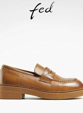 FED英伦风小皮鞋春季新款女鞋黄色乐福鞋真皮制服鞋D0217-ZCB281