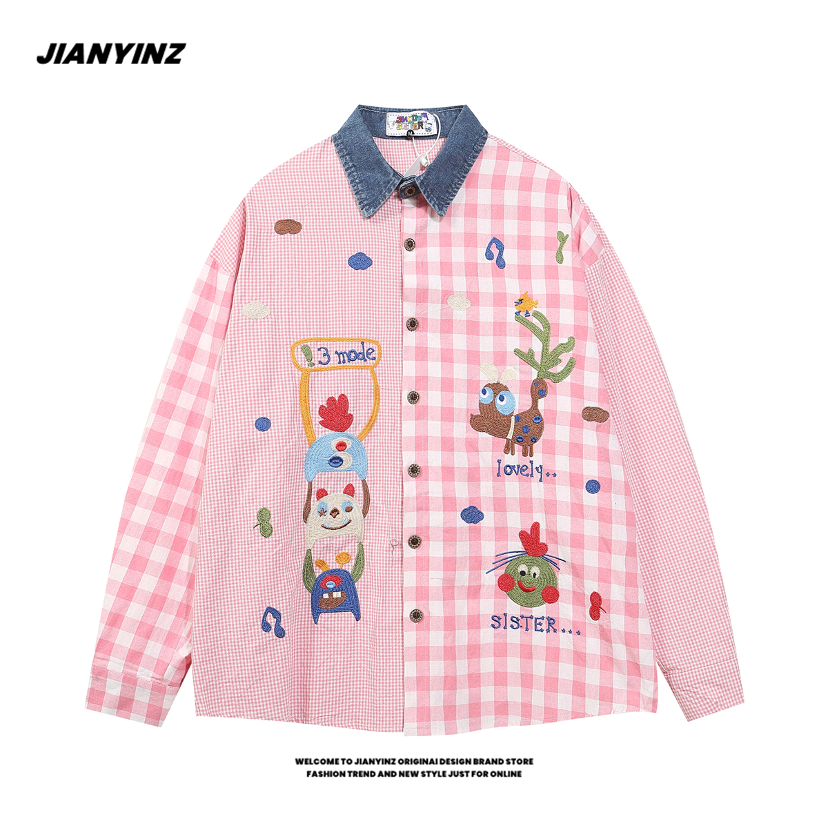 JIANYINZ复古趣味卡通刺绣拼接格子长袖衬衫男女学院风BF衬衣外套